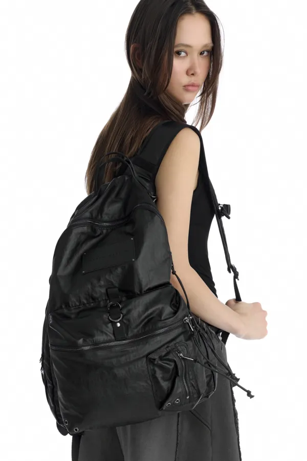 Leather Label Big Coated Backpack [ Black ]