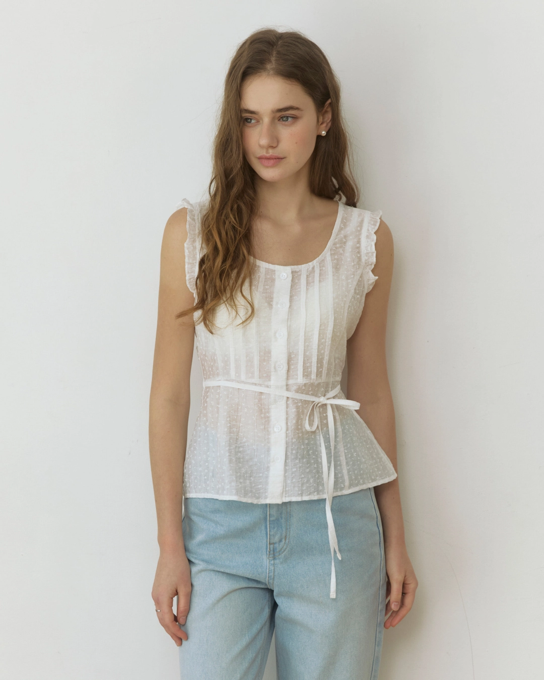어다울 Frill mini flower see through blouse - white 상품 이미지 2
