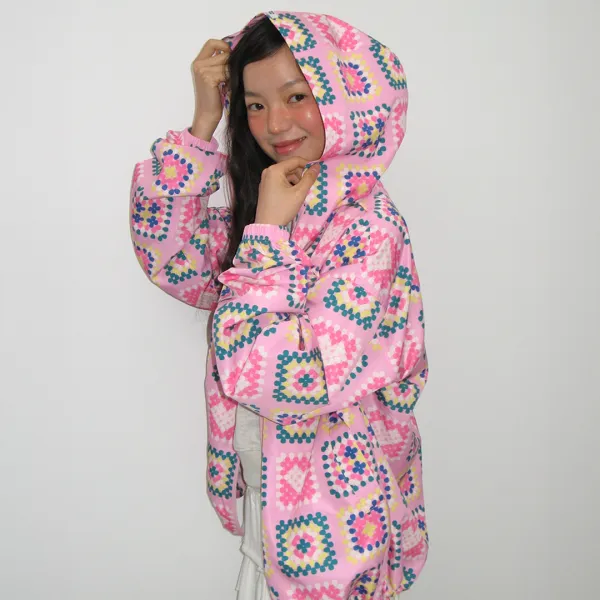 HEART CROCHET PATTERN HOODED WINDBREAKER JUMPER PINK