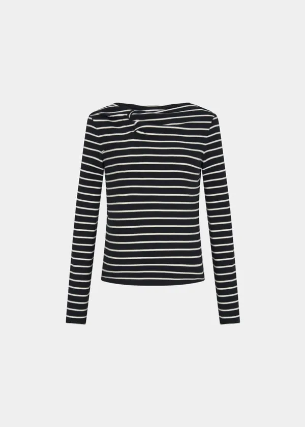 W STRIPED RIBBON KNOT TOP - BLACK