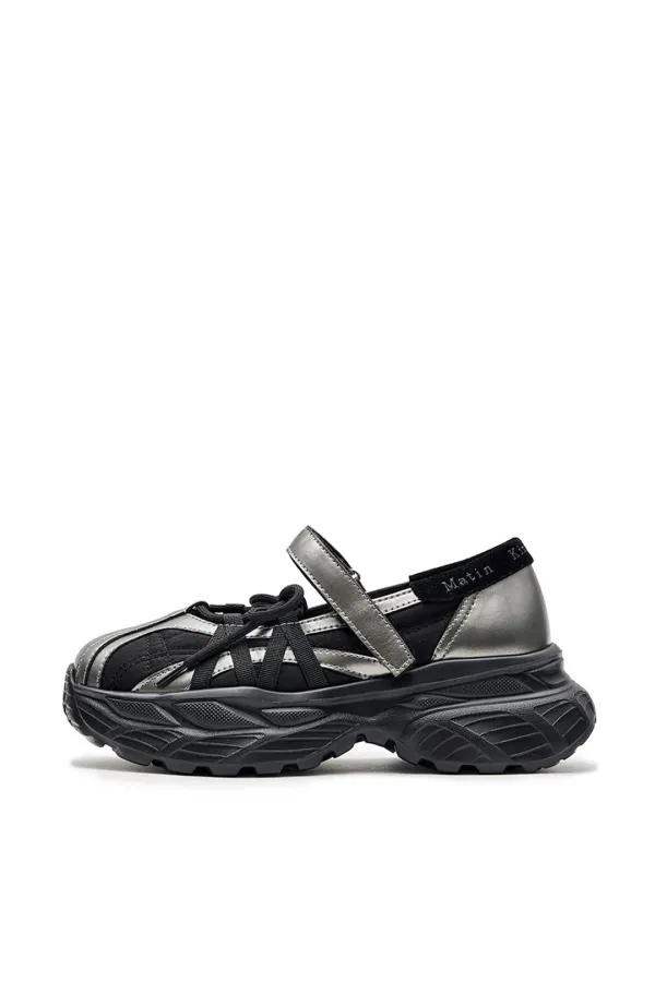 LACE UP CHUNKY BALLET SNEAKERS IN DARK SILVER