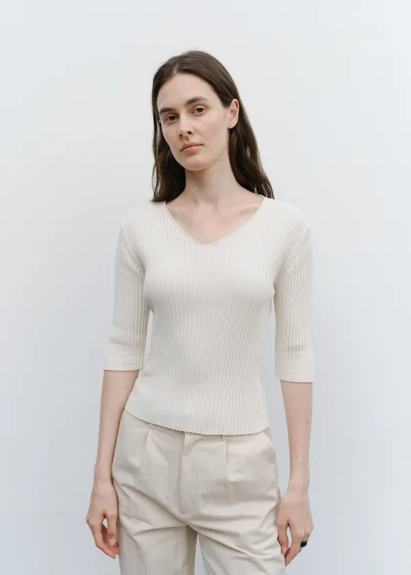 [2nd] Ribbed V Neck Knit in Pale Ivory