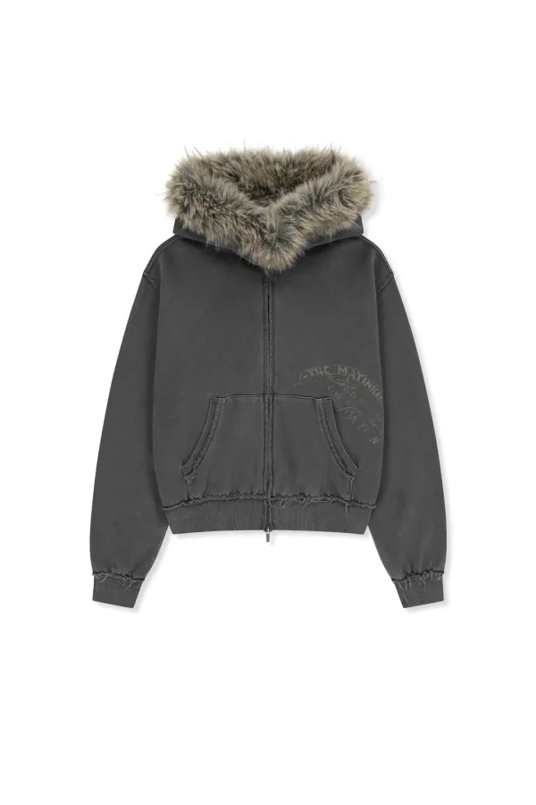 VINTAGE GRAFFITI FUR-TRIM HOODY ZIP UP IN CHARCOAL