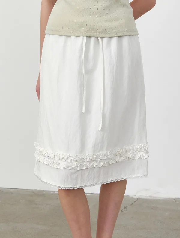 Double ruffle hem a-Line midi skirt_Ivory