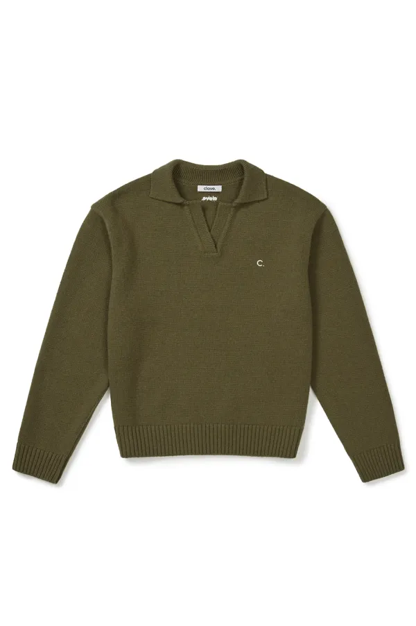 [25FW clove] Open-Collar Knit Sweater (Khaki)