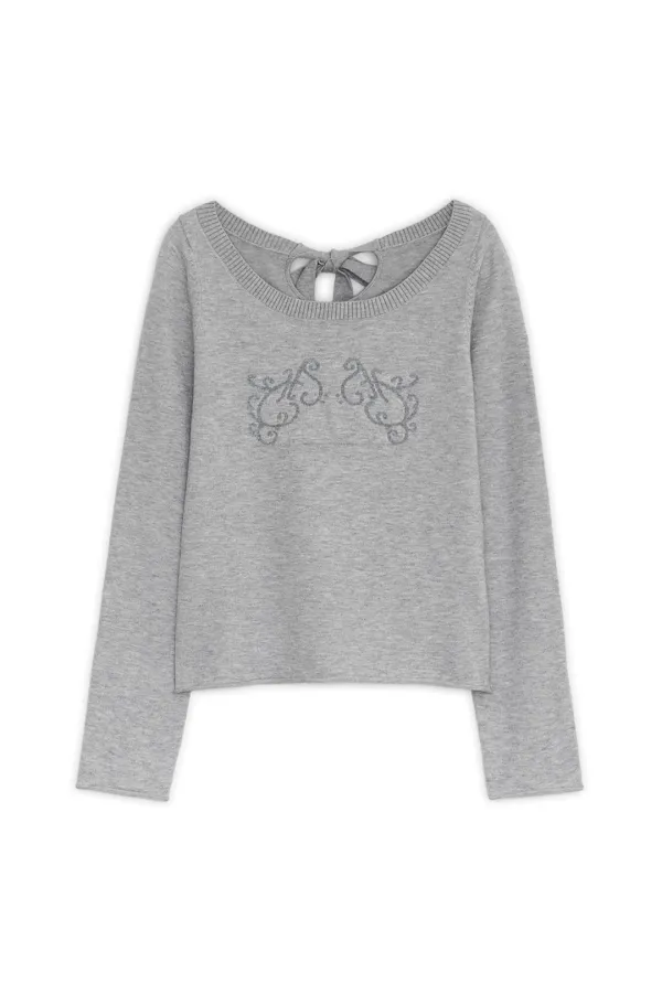 Back ribbon ornament knit top (Melange gray)
