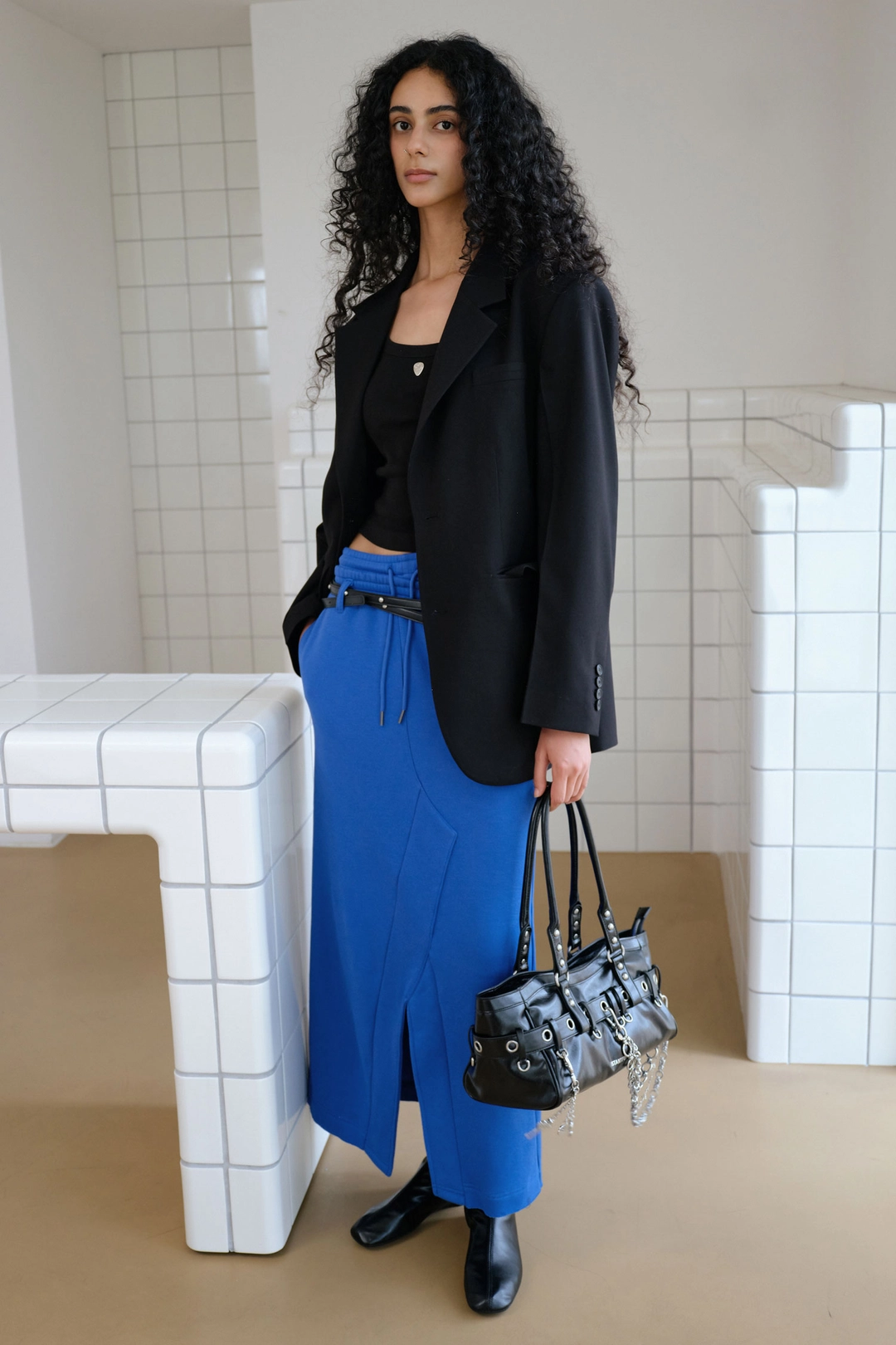 인스턴트펑크 BELT DETAIL JERSEY LONG SKIRT - BLUE 상품 이미지 2