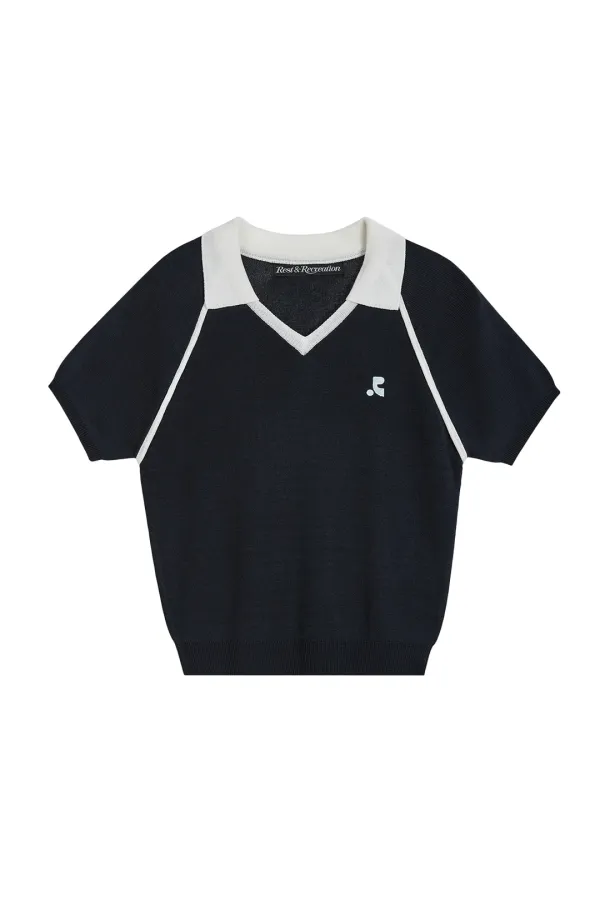 V-NECK COLLAR KNIT TOP - NAVY