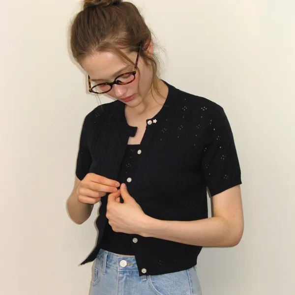 EYELET BUTTON KNIT CARDIGAN NAVY