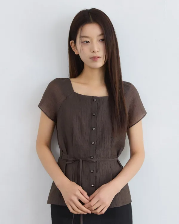 Square neck pintuck see through blouse - brown