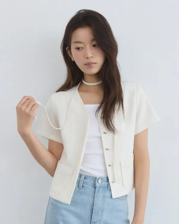 V neck choker half tweed jacket - ivory