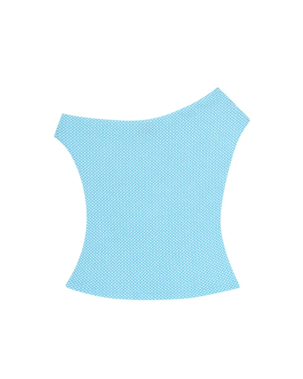 UNBALANCED GINGHAM OFF-SHOULDER TOP, BABY BLUE