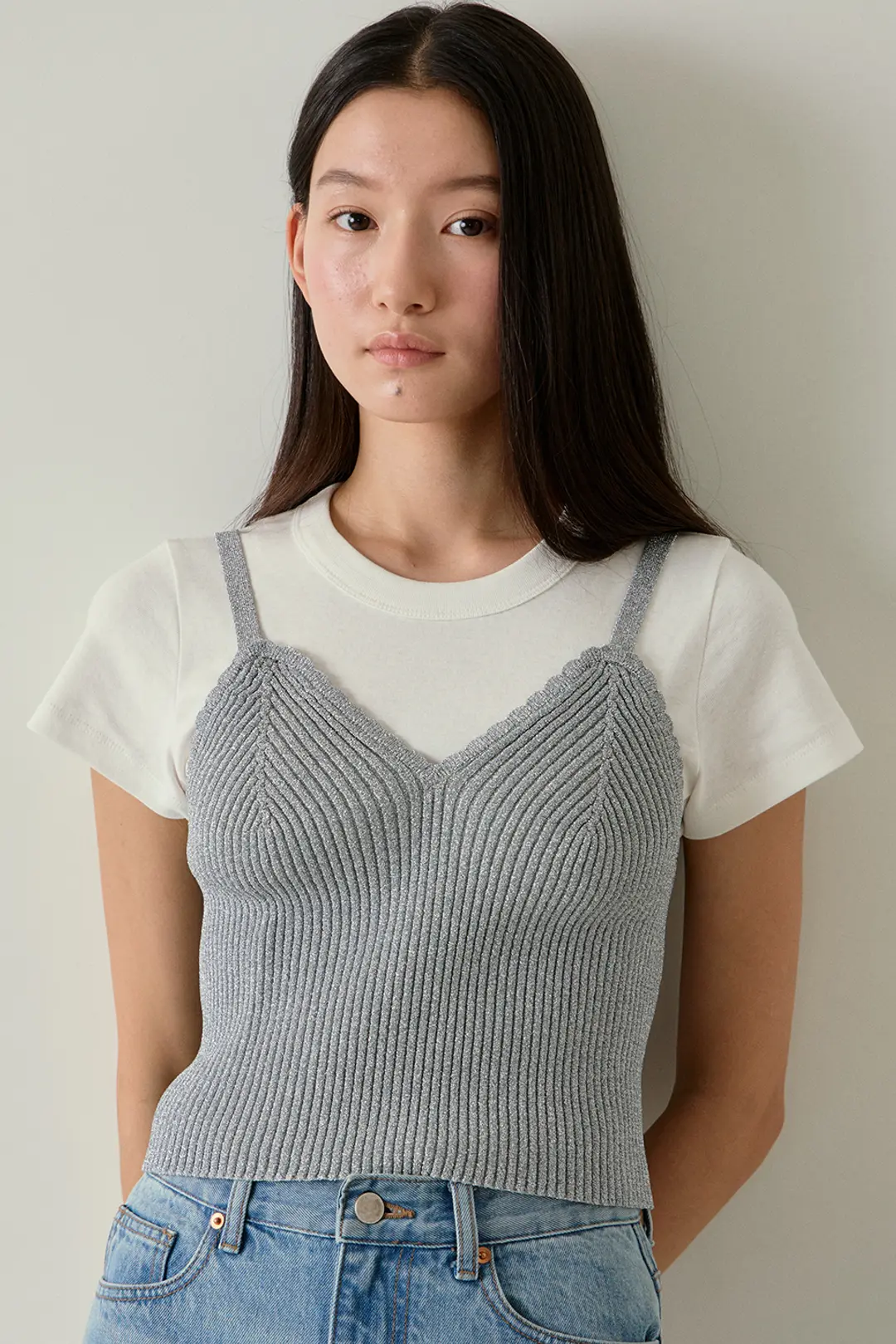 블랭크공삼 metal ribbed bustier [Italian yarn] (silver) 상품 이미지 2