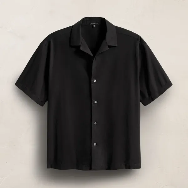 Oversized Stretch Poplin Short Sleeve Shirt - Black
