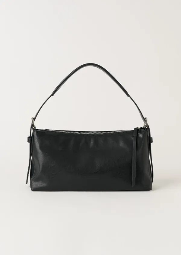 cow leather buckle medium shoulder bag-black