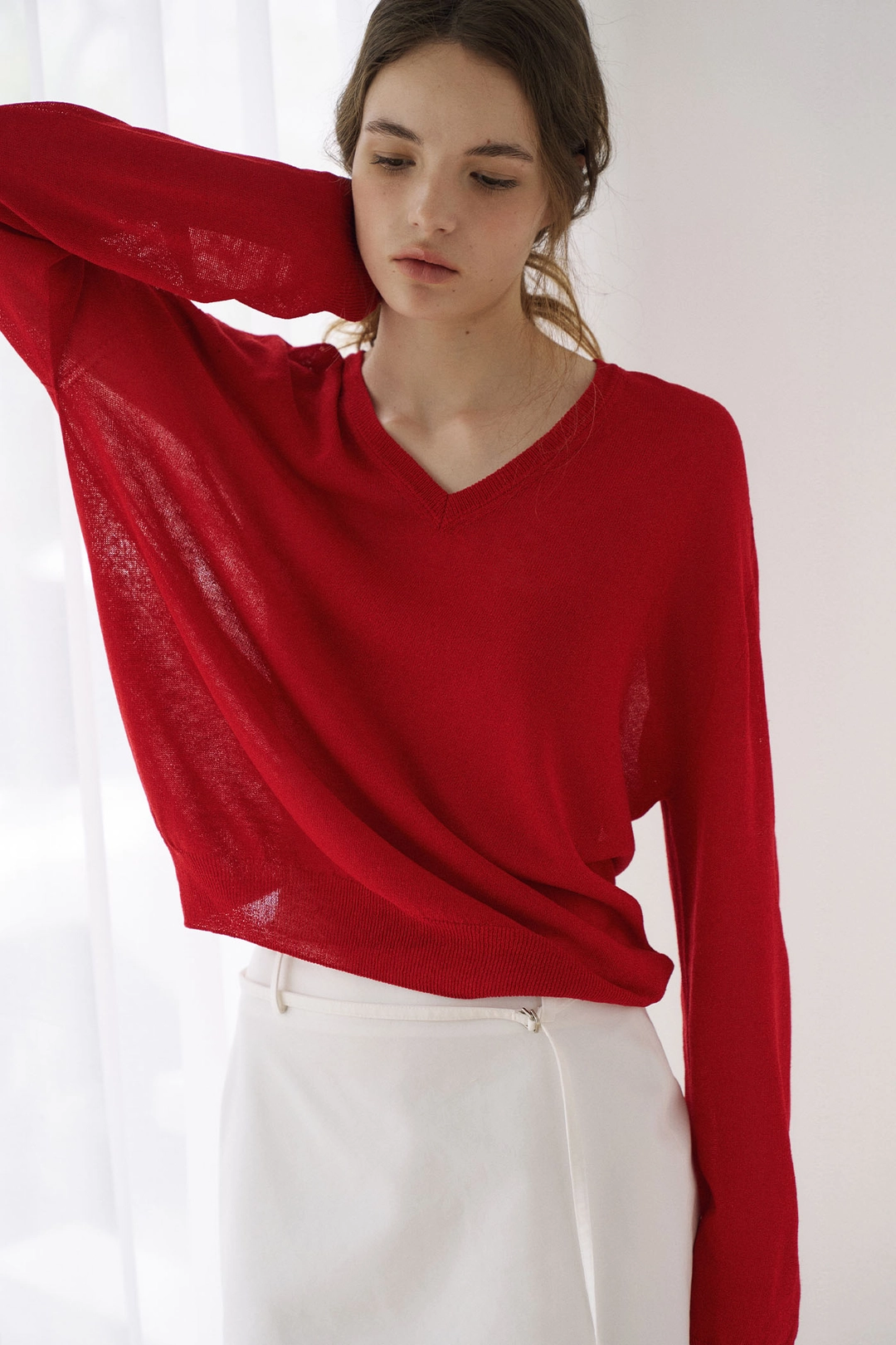 라메레이 Holgament V-Neck Linen Knit Top[LMBFSU25KN281]-Red 상품 이미지 2