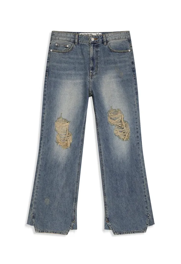 DISTRESSED LOOSE STRAIGHT JEANS, BLUE