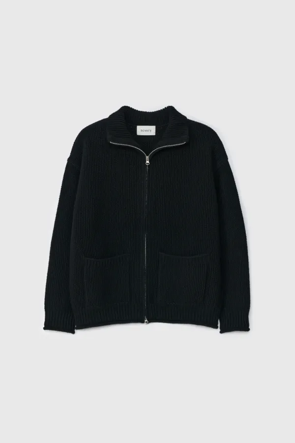 Shetland Wool Zip-Up Cardigan (Black)