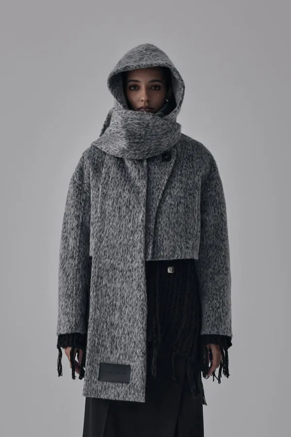 Hairy Hoddie Muffler Set-up Crop Coat [ Gray ]
