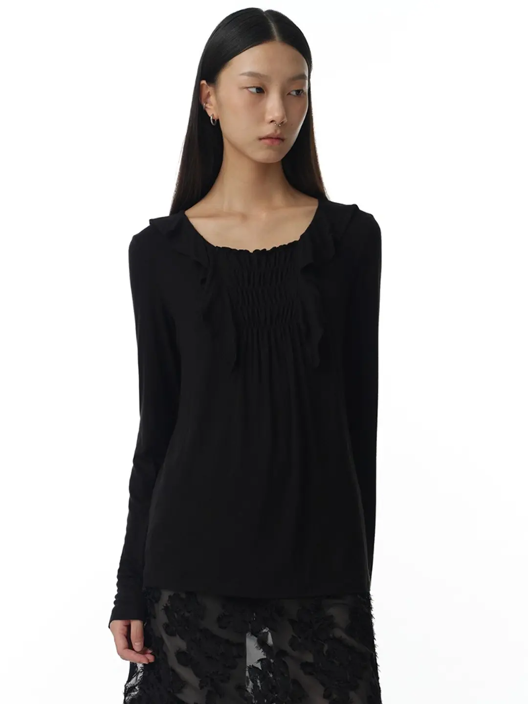 밀로 우먼 Ruffle Shirring T-Shirt [Black] 상품 이미지 2