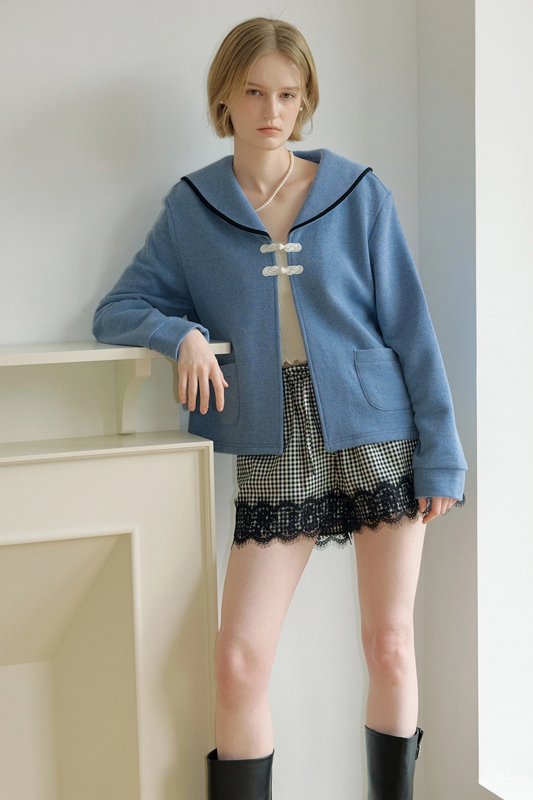 모어댄라이크 WOOL COLLAR CARDIGAN - BLUE 상품 이미지 1