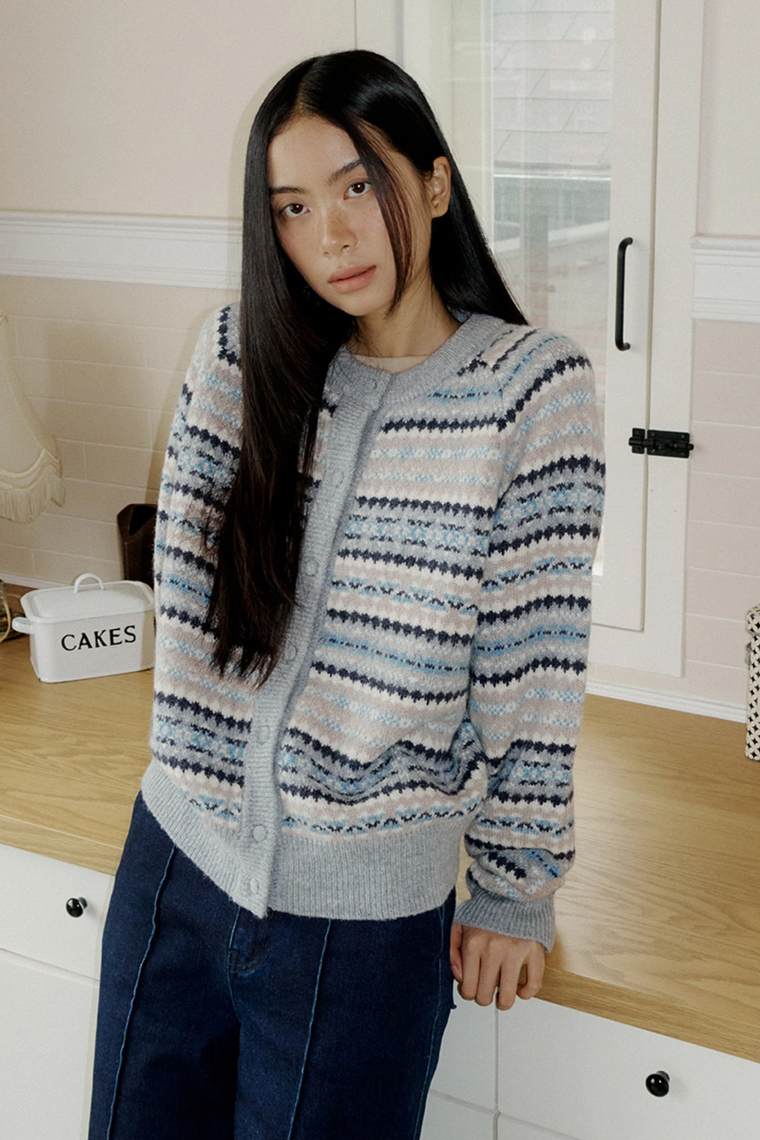 루시르주 Fair Isle Raglan Sweater Cardigan (navy) 상품 이미지 2