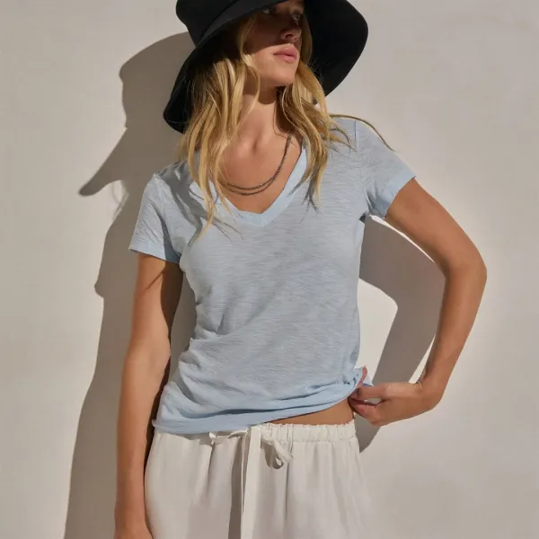 Sheer Slub V Neck - Pale Azul