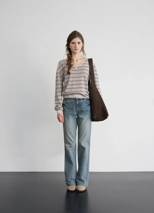 Larry Stripe Henley Knit Top_Beige