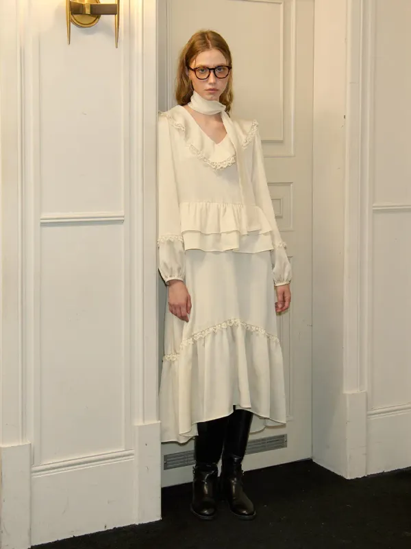 Scarf Ruffle Long Dress_ Ivory
