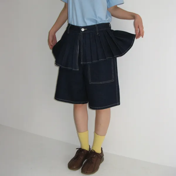 OFF BALANCE PLEAT LAYERED SHORTS PANTS INDIGO BLUE (NONFADE)