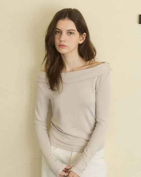 Softy silver button off shoulder t shirt - ash beige