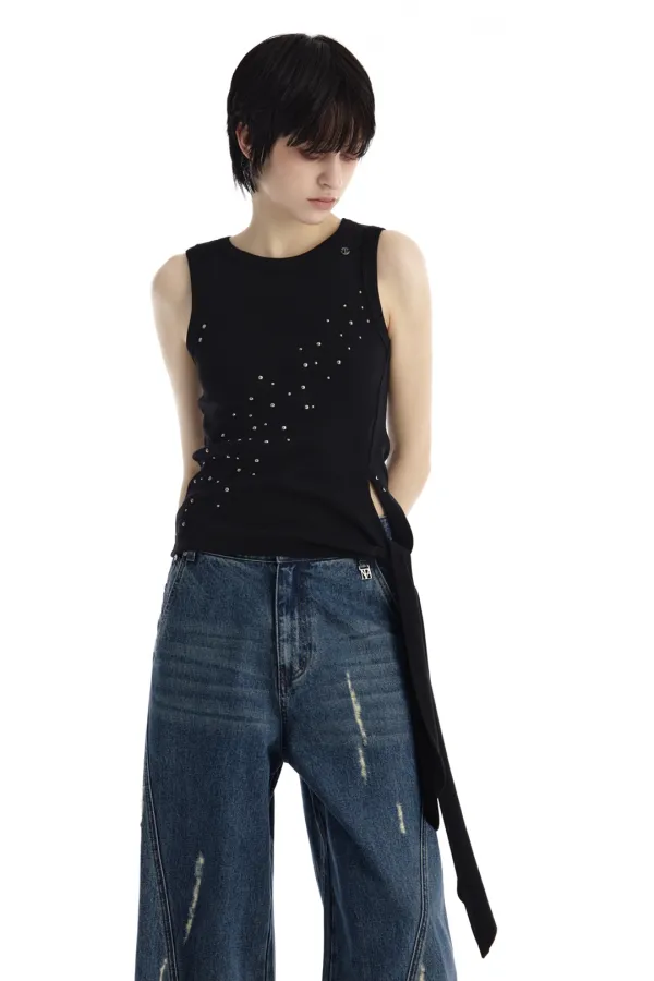 Diagonal Spark Ribbed Sleeveless Top [ Black ]