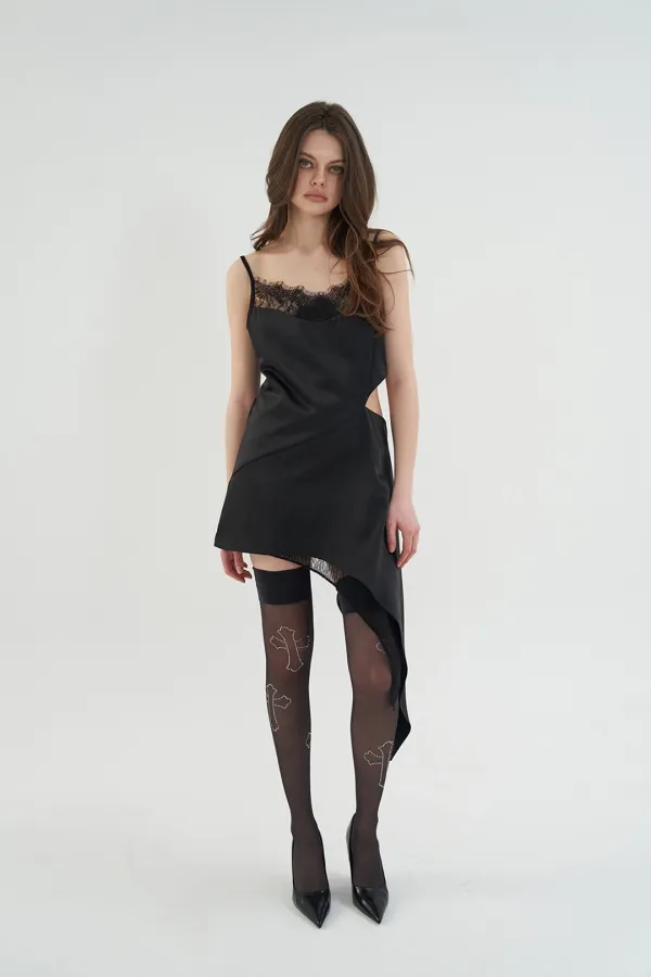 SIDE SLIT SATIN DRESS BLACK