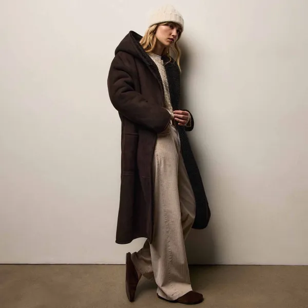 Long Suede Shearling Hooded Coat - Kona