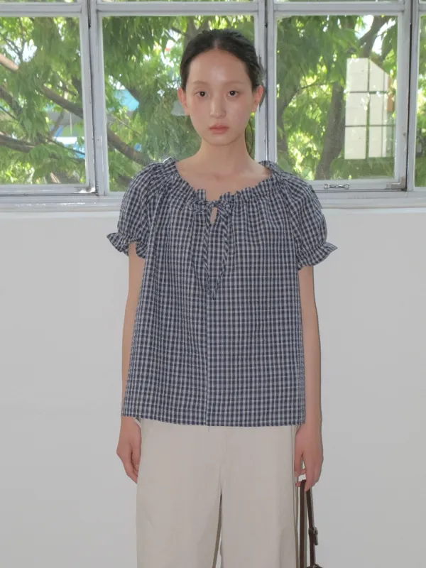 RUFFLE HEM SHIRRING BLOUSE - CHECK