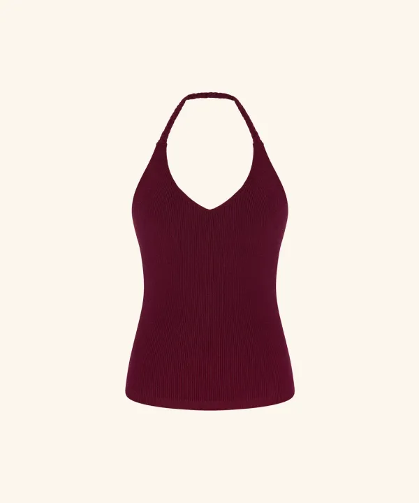 Letters Braided-Strap Halter Knit Top (Plum)