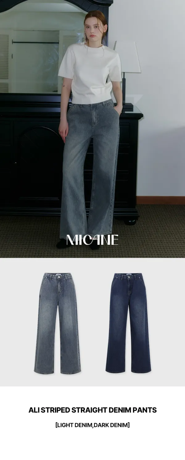 [25-36]  Ali Striped Straight Denim Pants  알리 스프라이트 스트레이트 데님 팬츠 (가을-봄-사계절-시즌리스-데일리룩-데이트룩-출근룩-스트라이프-청바지-와이드핏-데님팬츠-캐주얼-스트레이트핏-빈티지-자체제작)