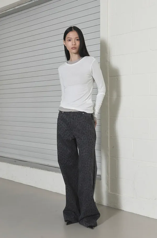 LEOPARD STRAIGHT PANTS - CHARCOAL