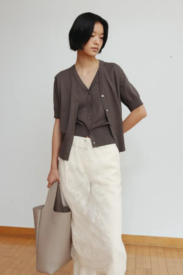 Basic short sleeve cardigan (ivory / light gray / khaki brown)