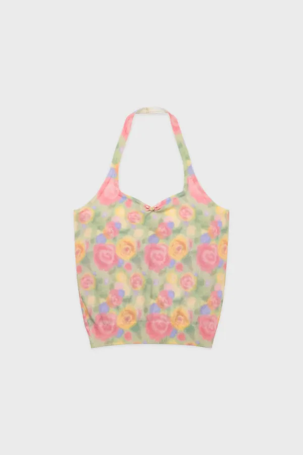 Rose Floral Knit Halter Top (Green)