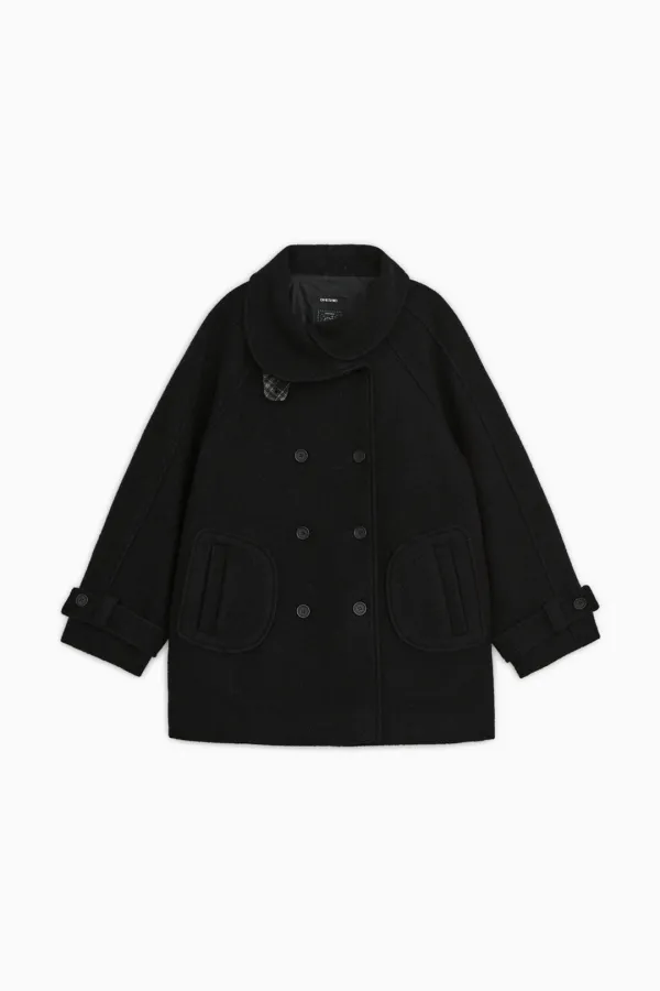 [10/6 SOON] CHECK LAYERED COLLAR DOUBLE WOOL COAT, BLACK