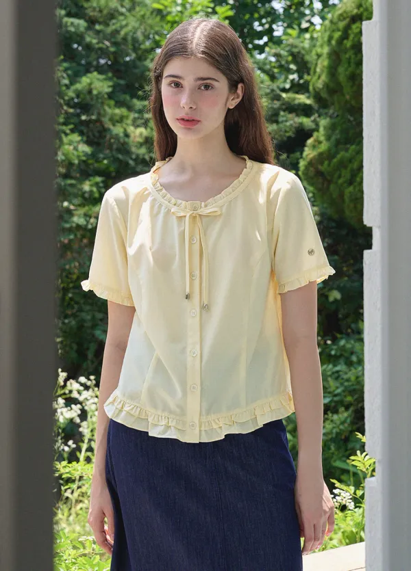  [44-120]  Dana Frill Ribbon Blouse  다나 프릴 리본 블라우스 (여름-데일리룩-러블리룩-캐주얼룩-데이트룩-와이드-라운드-스트링-세미기장-프릴-여리블라우스-빅사이즈-자체제작) 
