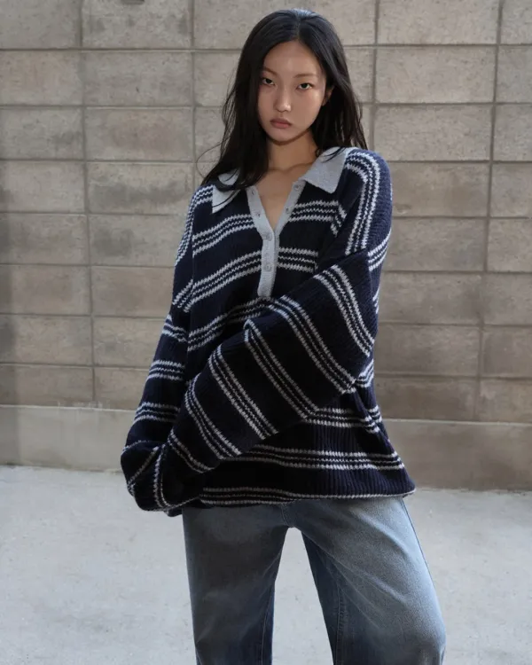 25FW collar boxy striped wool knit