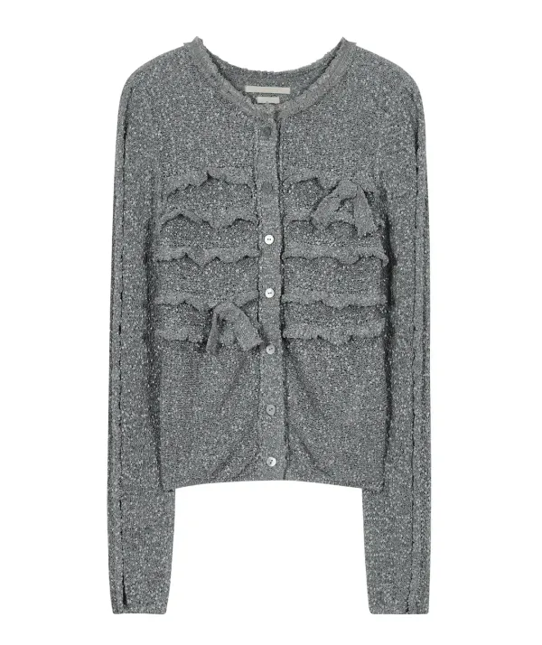 Fuzzy Ruffled Ribbon Cardigan [Gray]