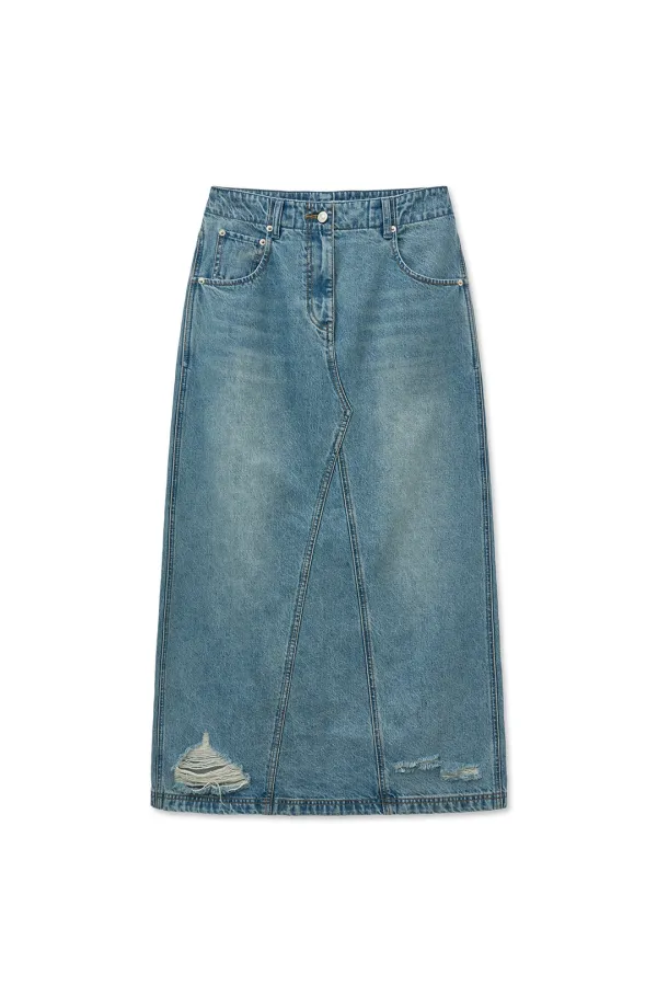 DAMAGE POINT LONG DENIM SKIRT IN BLUE