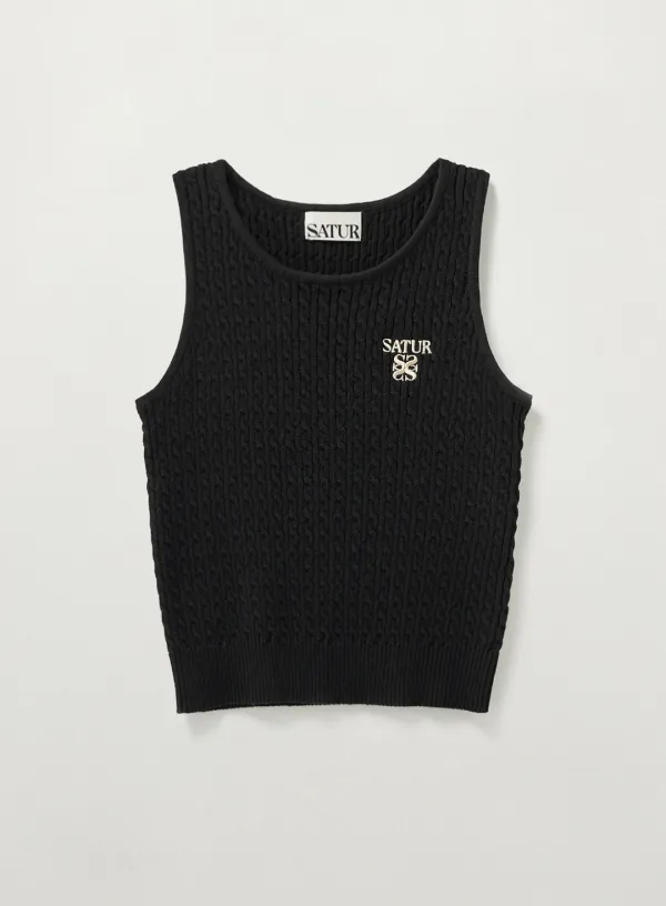 (W) Cable Knit Sleeveless Top - Black