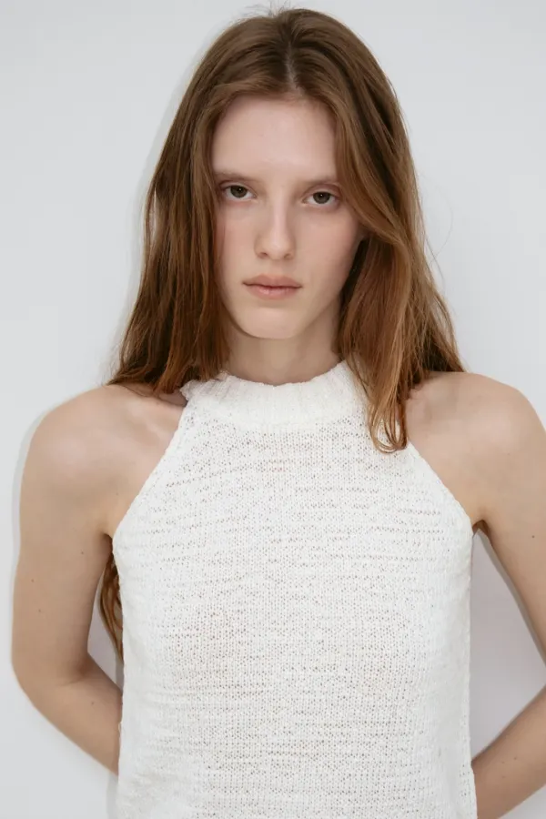 Cotton Halter Knit Top (Cream / Gray / Black)
