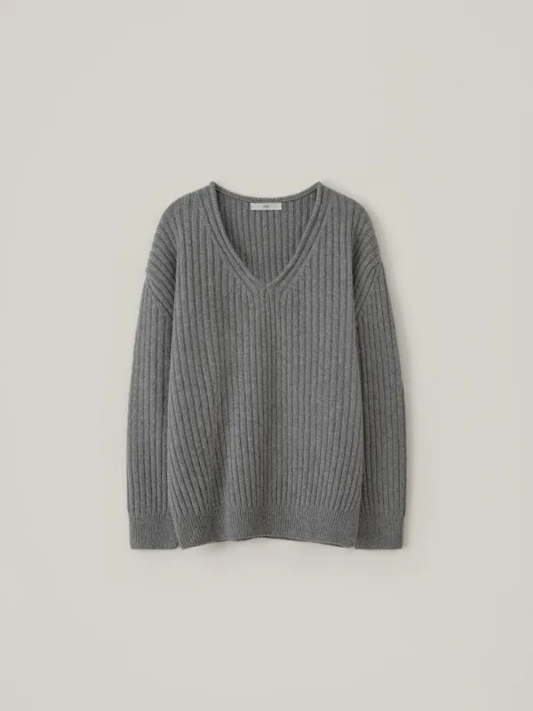 Deep V-Neck Alpaca Knit - Gray