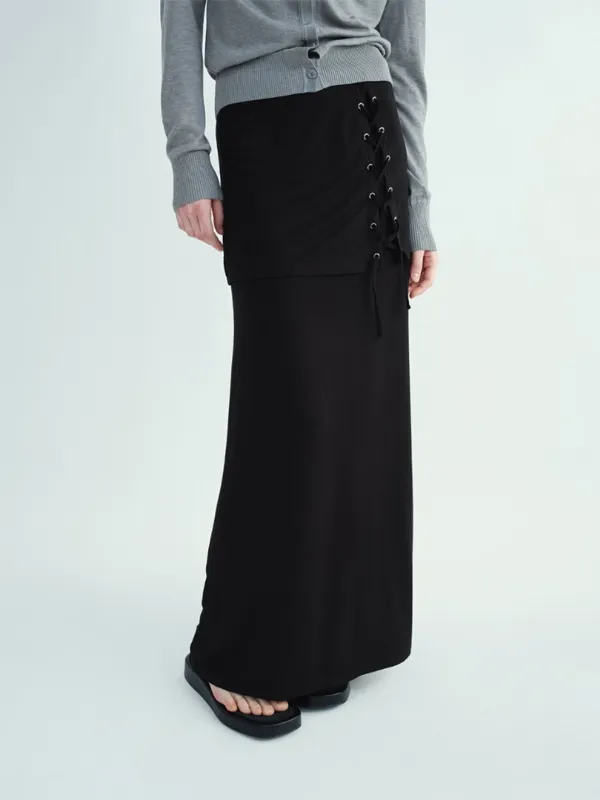 Folding Strap Maxi Skirt [Black]