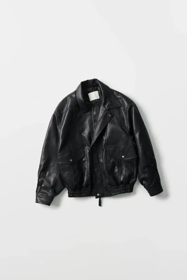 Tucked Rivet Leather Bomber Jumper (black)